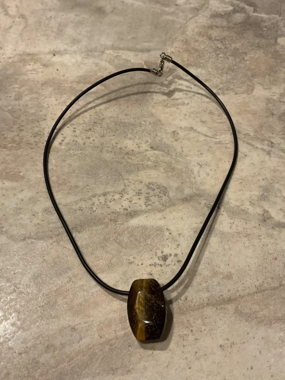 Tiger's Eye Stone Pendant Necklace on Black Coated Wire 16”